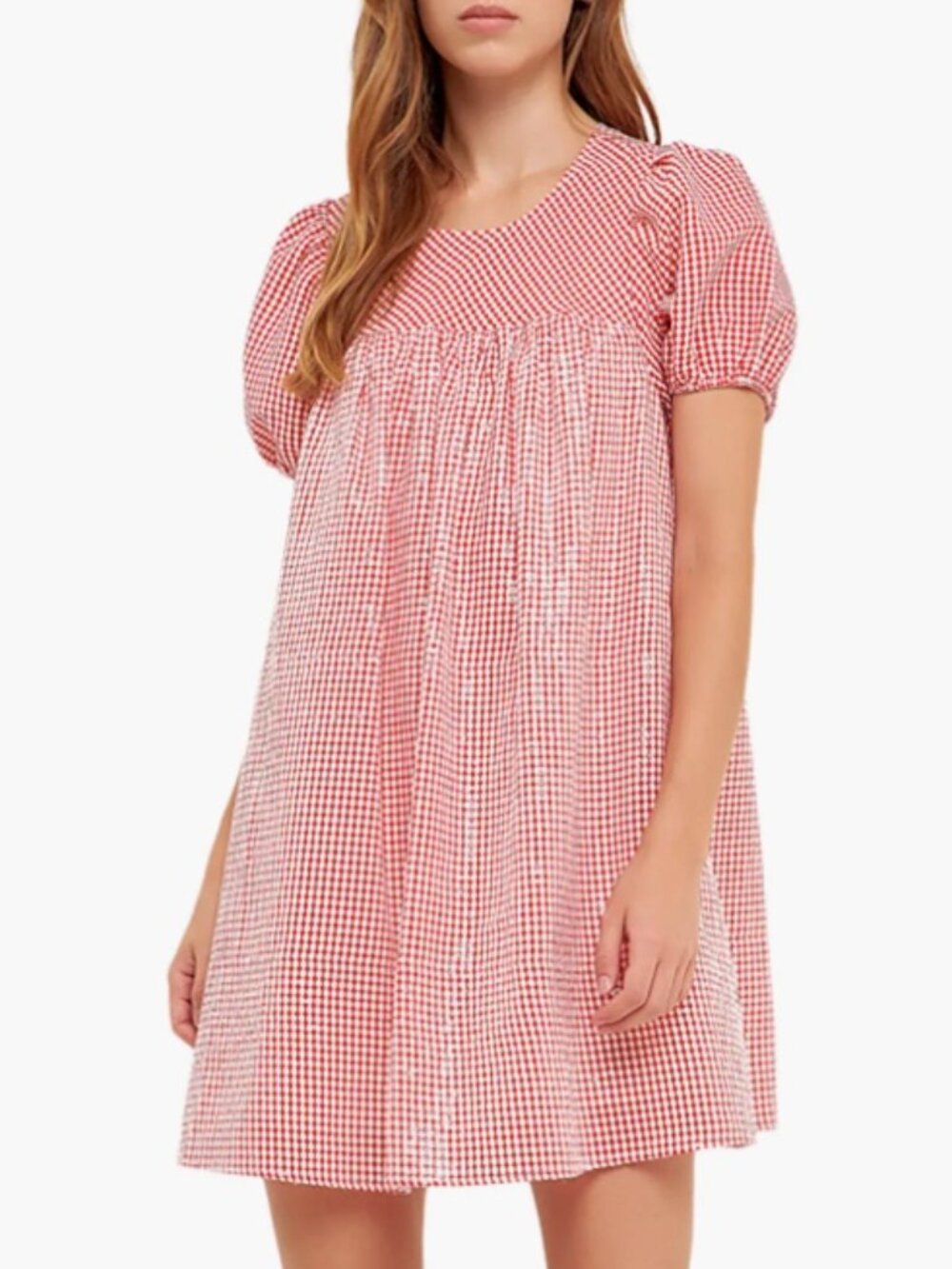 English Factory Check Sequin Puff Sleeve Mini Dress
